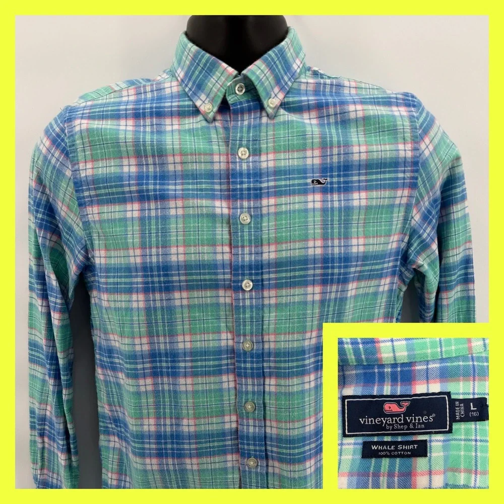 Vineyard Vines Button Down Shirt Boys Large 16 Blue Green Plaid Whale